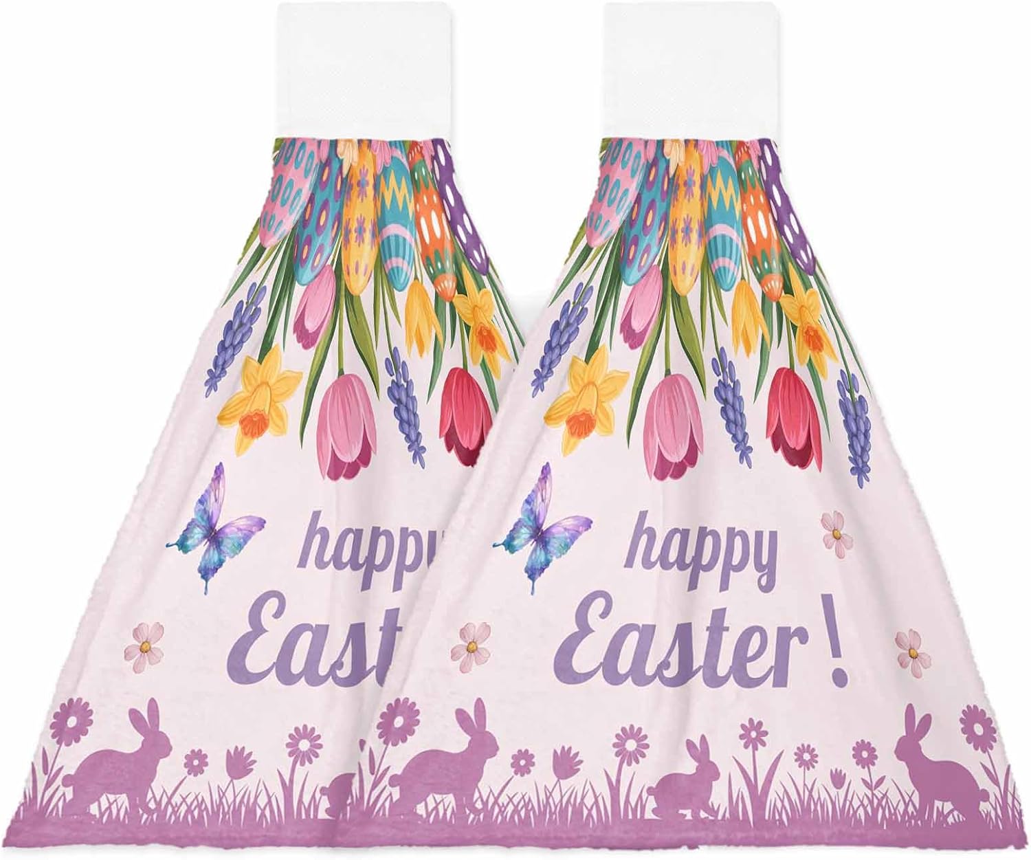 Easter Eggs Kitchen Hand Towels with Hanging Loops Set of 2 Purple Tulip Flower Spring Bunny Butterfly Floral Soft Thick Oven Fingertip Dry Microfiber Tie Dish Towel Absorbent Cleaning Washcloth