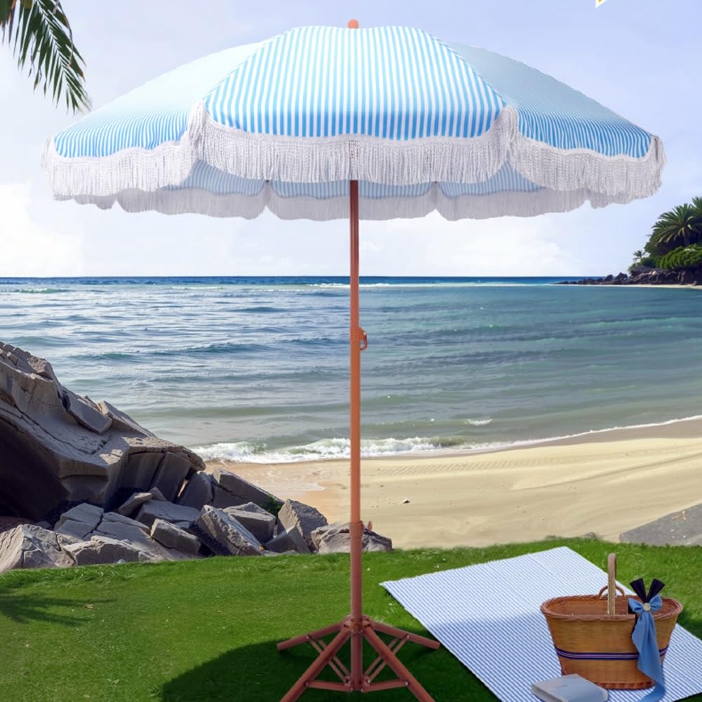 Parasol Ogrodowy Boho z Frędzlami 200 Cm z Regulacją Nachylenia, W Paski, z Filtrem Upf50+, na Trawnik, Basen, Stół Ogrodowy