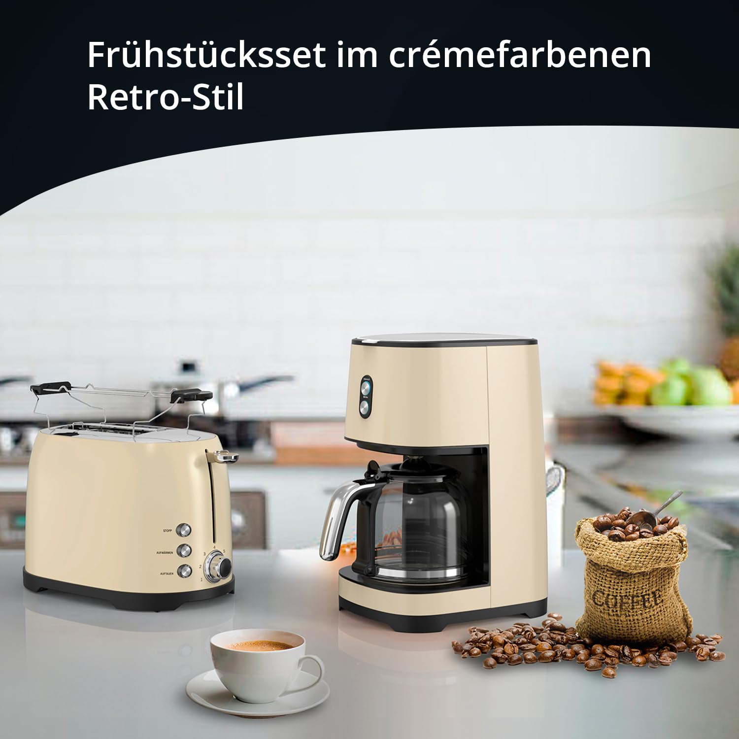 KHG Retro Frühstücksset Toaster 2 Scheiben 800W Kaffeemaschine 1,5L 12 Tassen 900W 2-teilig Creme