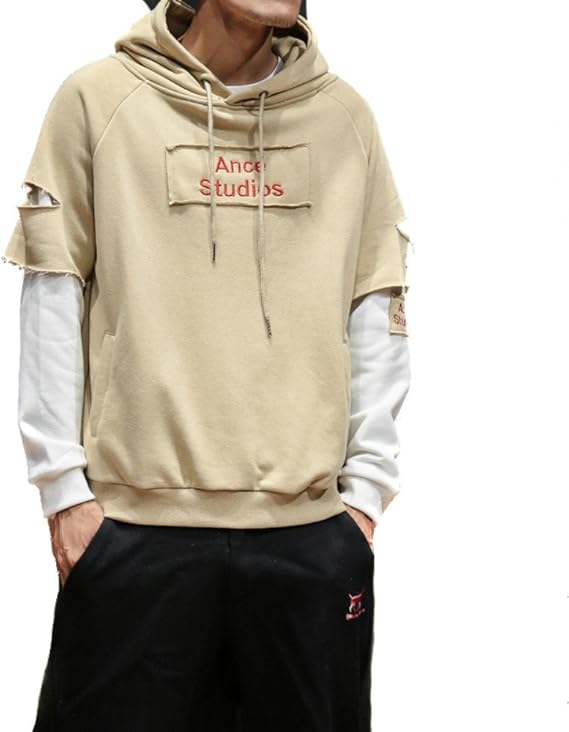 Amazon メンズパーカー 人気プルオーバーパーカー フード付き 原宿風 おしゃれ 長袖 スウェットプルパーカー カジュアル フェイクレイヤード L カーキ トレーナー パーカー 通販