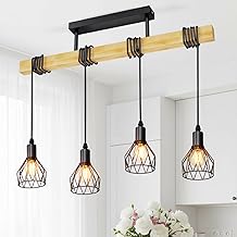 LVWIT E14 Pendant Chandelier, Rustic Pendant Lights with 4 Lights, Black Bedroom Chandelier, Wooden Base, Chandeliers for Kitchen, Dining Room, Living Room (No Bulb)