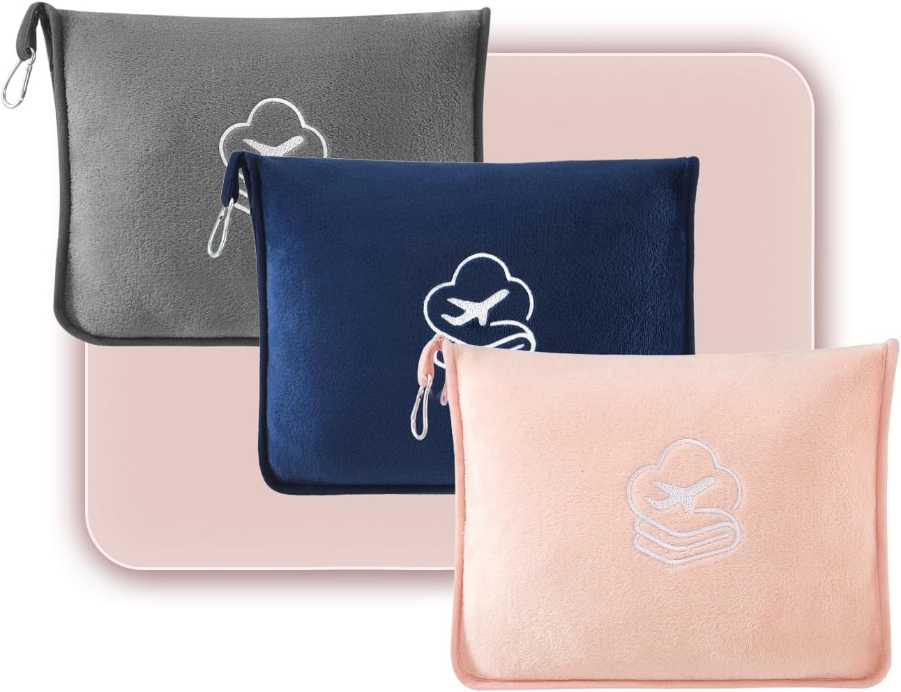 Travel Blanket, Soft 2-in-1 Airplane Blanket, Light Grey, Navy Blue, Peachy Pink, Travel Essentials Car Blanket with Luggage Sleeve & Backpack Clip