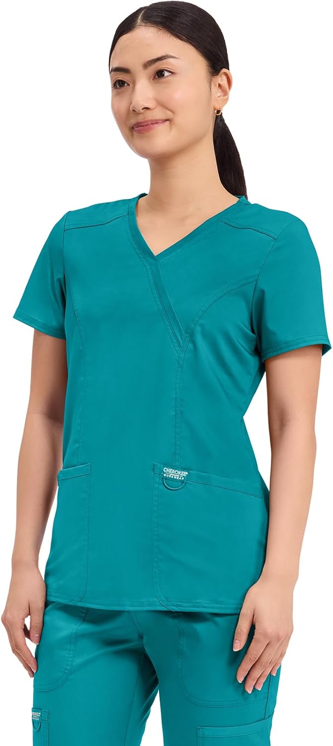 Cherokee Scrubs Top for Women Mock Wrap with 3 Pockets, Soft, 2-Way Stretch & Durable Fabric - WW610 - Image 2