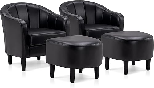 MCombo Juego de 2 sillas decorativas con otomana, tapizado de piel sintética para sala de estar, espacio pequeño, esquina 4022 (negro)