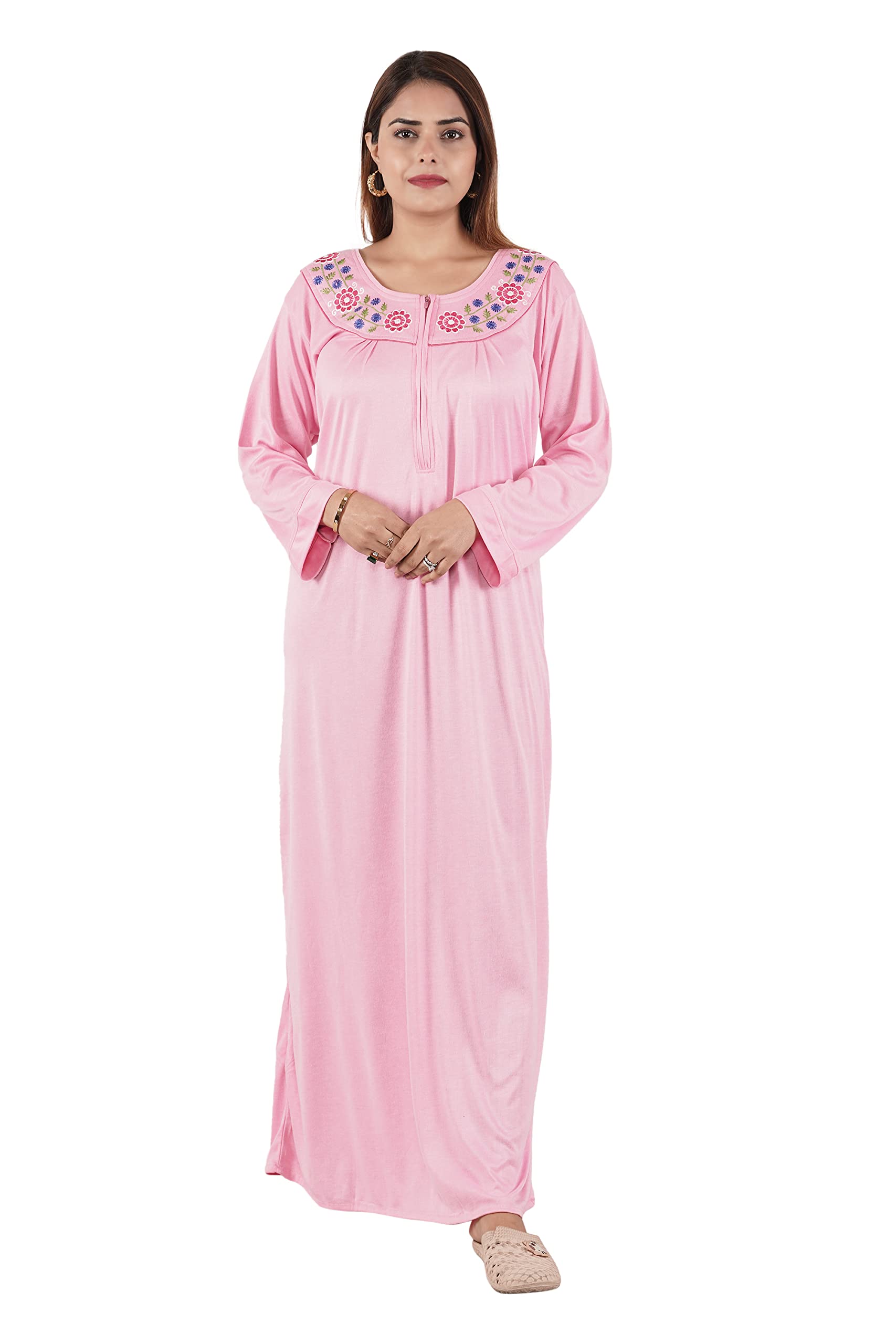 Women's Hosiery Cotton Nighty| Full Sleeves | Night Wear | Maxi for Women | Size-Large, Round Shaped Neck (Article-FSL-080B) Light Pink-image-34