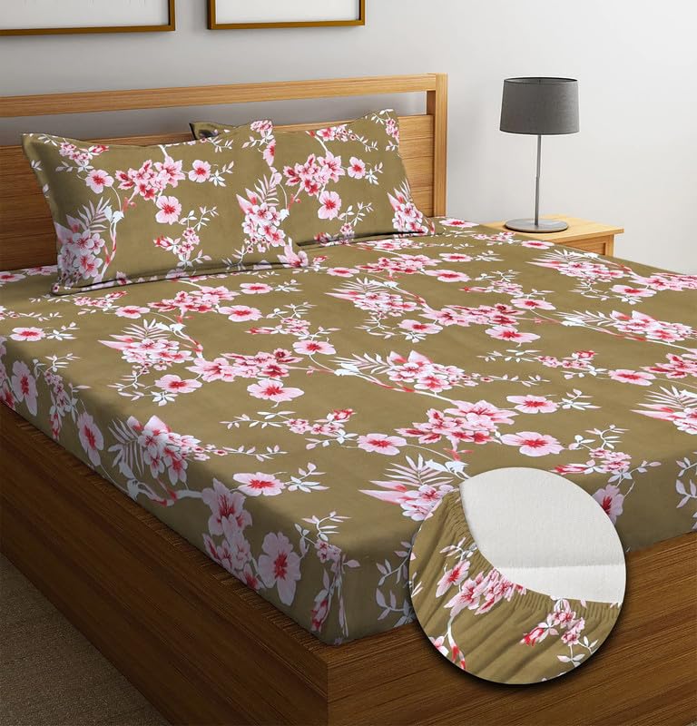 Image of NEW LEAF Premium Cotton Elastic Fitted Bedsheets with 2 King Size Pillow Covers | Double Bed with All Around Elastic 180 TC Supersoft |Size-72 King Sizex78+10 inches | Floral, Mehndi