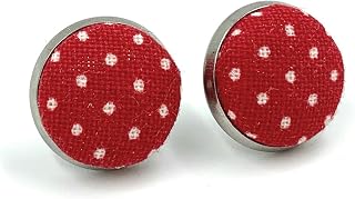 Handmade in Canada - Red / White Polka Dot Fabric Button Studs - Stainless Steel Stud Earrings - Hypoallergenic Button Cover Studs - Stud Earrings - Rockabilly Style - Modern Contemporary Studs - Mod Earrings - Sixties Vibe - Ready to Ship, Circular Round Small Studs