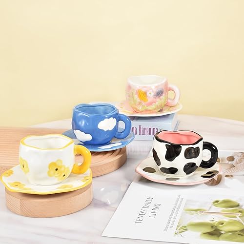 Miniatura 5 de Koythin Taza de café de cerámica con platillo, bonita taza única hecha a mano para mujeres para la oficina y el hogar, apta para lavavajillas y