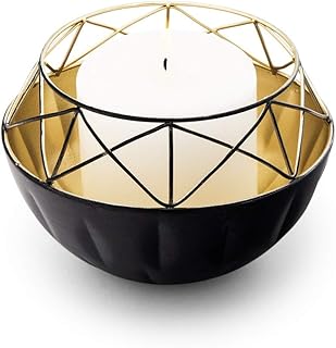 WEDDINGSTAR Short Round Geo Metal Candle Holder - Black with Gold Interior