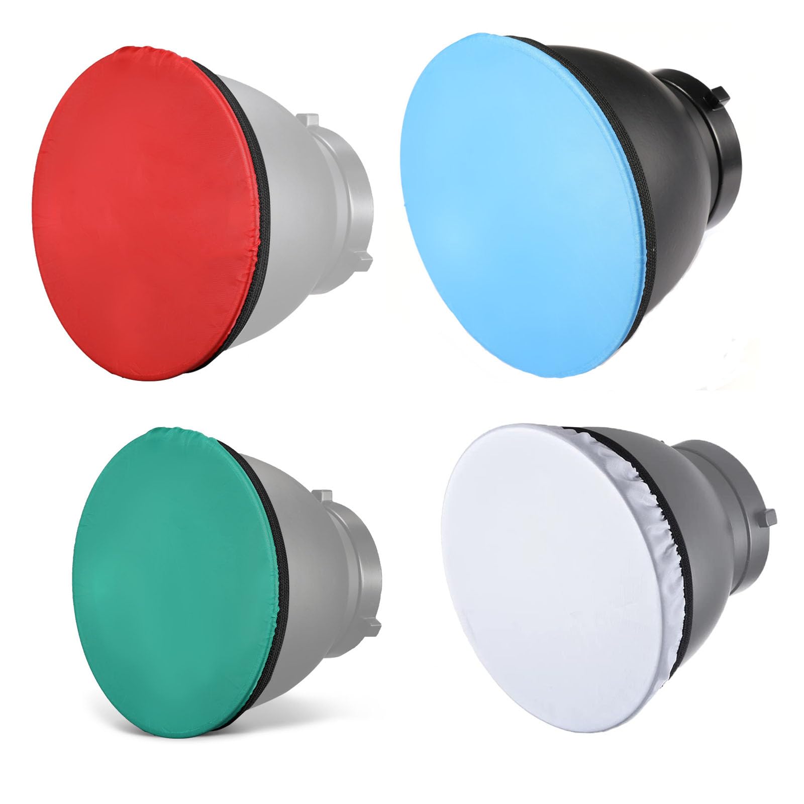 Paquete de 6 calcetines difusores de luz suaves con banda elástica para reflector estándar de 18 cm, rojo, amarillo, azul, marrón, verde, blanco para reflector de montaje Bowen estándar de