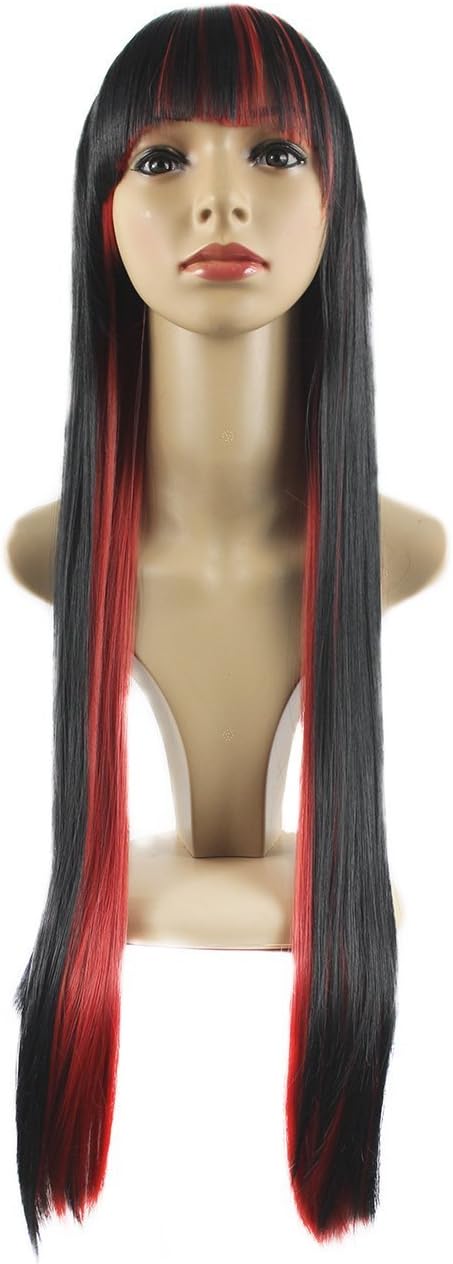 Xiaoyu 12"70cm Flat Bangs Mixed Black Red Long Female Straight Cosplay Wig, black + red