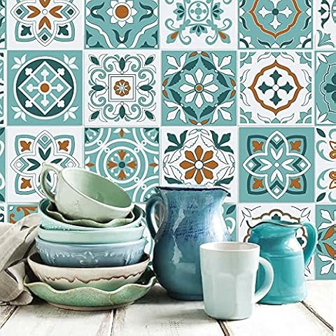ANHUIB 30 Pcs Moroccan Talavera Backsplash Tile Decals,Waterproof Tile Decal Stickers,15x15 cm DIY Flowers Ceramic Tile Decals ,Green Tile Stickers for Bathroom Kitchen Toilet Decor Stick on Tiles Cover