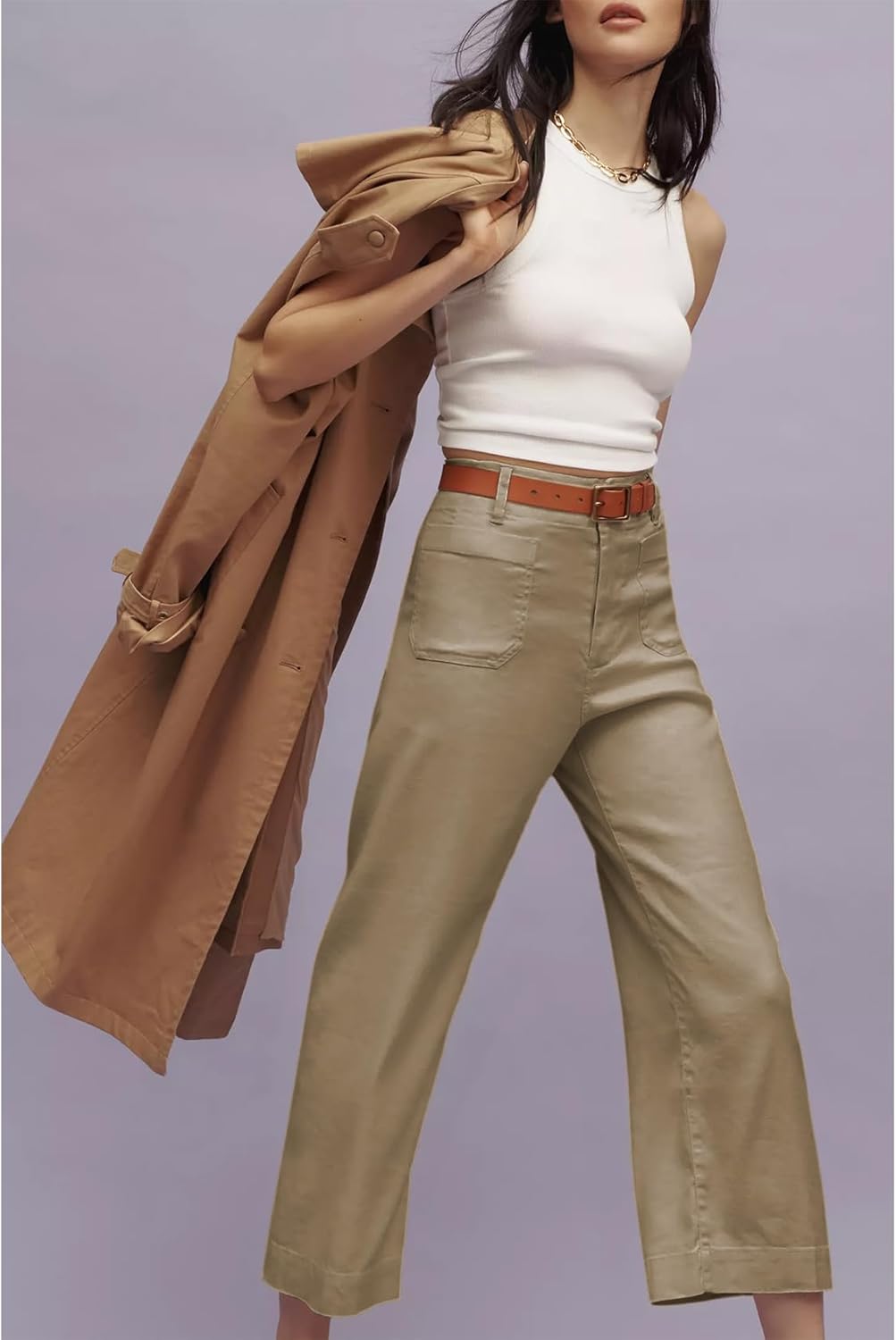 Cropped Wide-Leg Pants Casual High Waist Baggy Pants Stretchy Straight Trousers with Pockets(Brown-XL) - Image 3