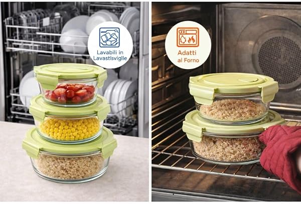 Set of 3 Airtight Glass Lunch Containers with Lid and Steam Valve - Stackable Space-Saving Bowls - Oven, Microwave and Dishwasher Safe - 4