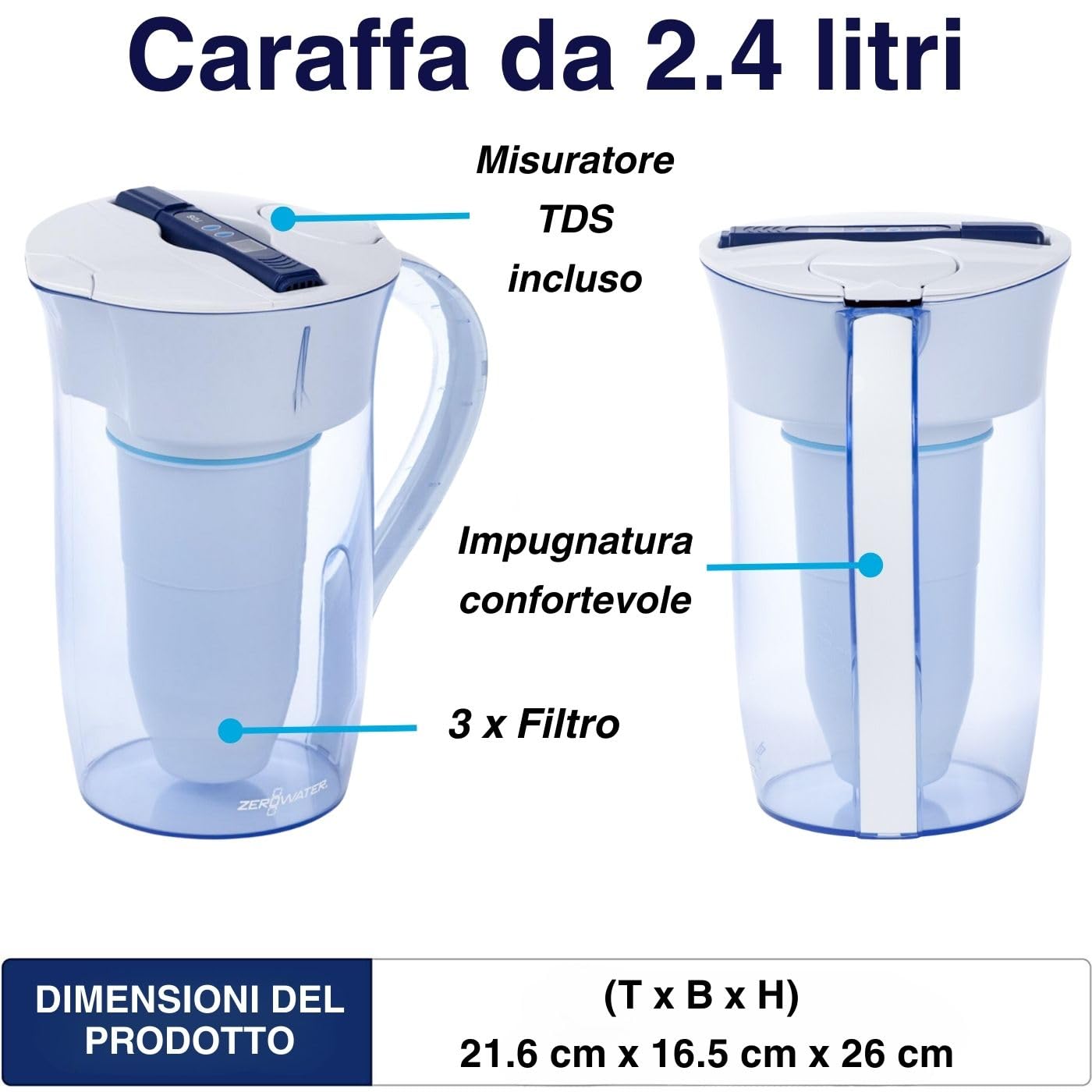 ZeroWater Combo Caraffa filtrante per acqua 2,4 L, 3 filtri e misuratore della qualitá dell'acqua inclusi, Plastica priva di BpA e certificato per la Riduzione di Piombo e Altri Metalli Pesanti