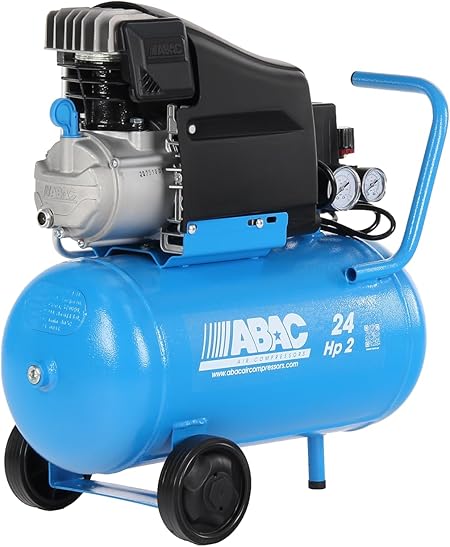 ABAC Pole Position L20 Compresor de Aire, 24 Litros Compresor de Aire, Manómetro Doble, Presión Max. 10 Bar, Inyección de Aceite, Ruedas de Transporte, Potencia 2 HP Azul Claro