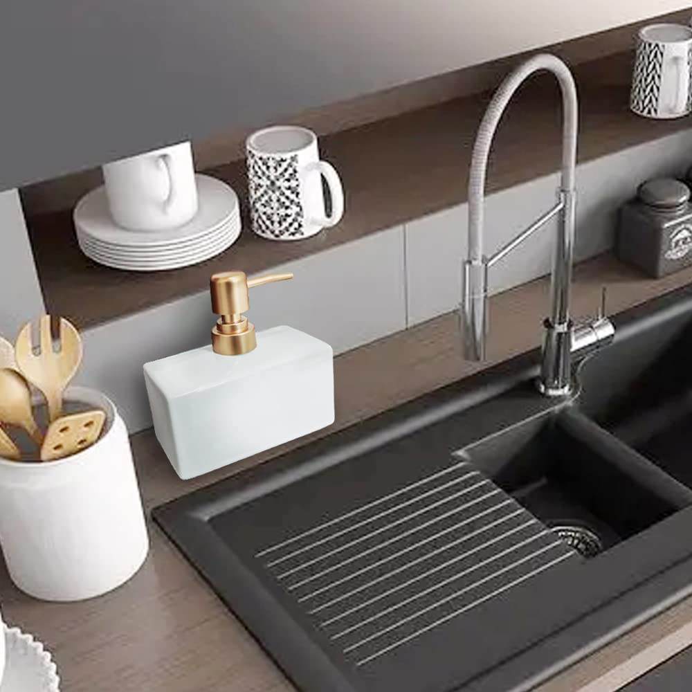 Nowoczesny dozownik mydła z matową złotą pompką do łazienki, 390 ml ceramiczny prostokątny dozownik balsamu, dozownik mydła do naczyń wielokrotnego napełniania (biały)