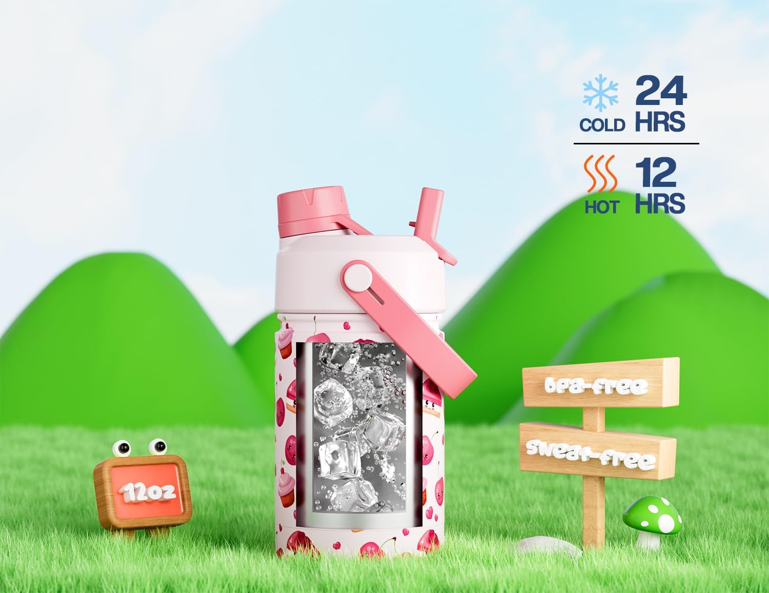 12 oz Insulated Water Bottle for Kids: 2-in-1 Straw Spout Lid, Spill-proof, BPA-Free, Easy Clean, Keep Cold 24H, Cute Patterns, Stainless Steel Cup for School, Travel, Holiday Gift (Cherry Yum Yum) - Image 4