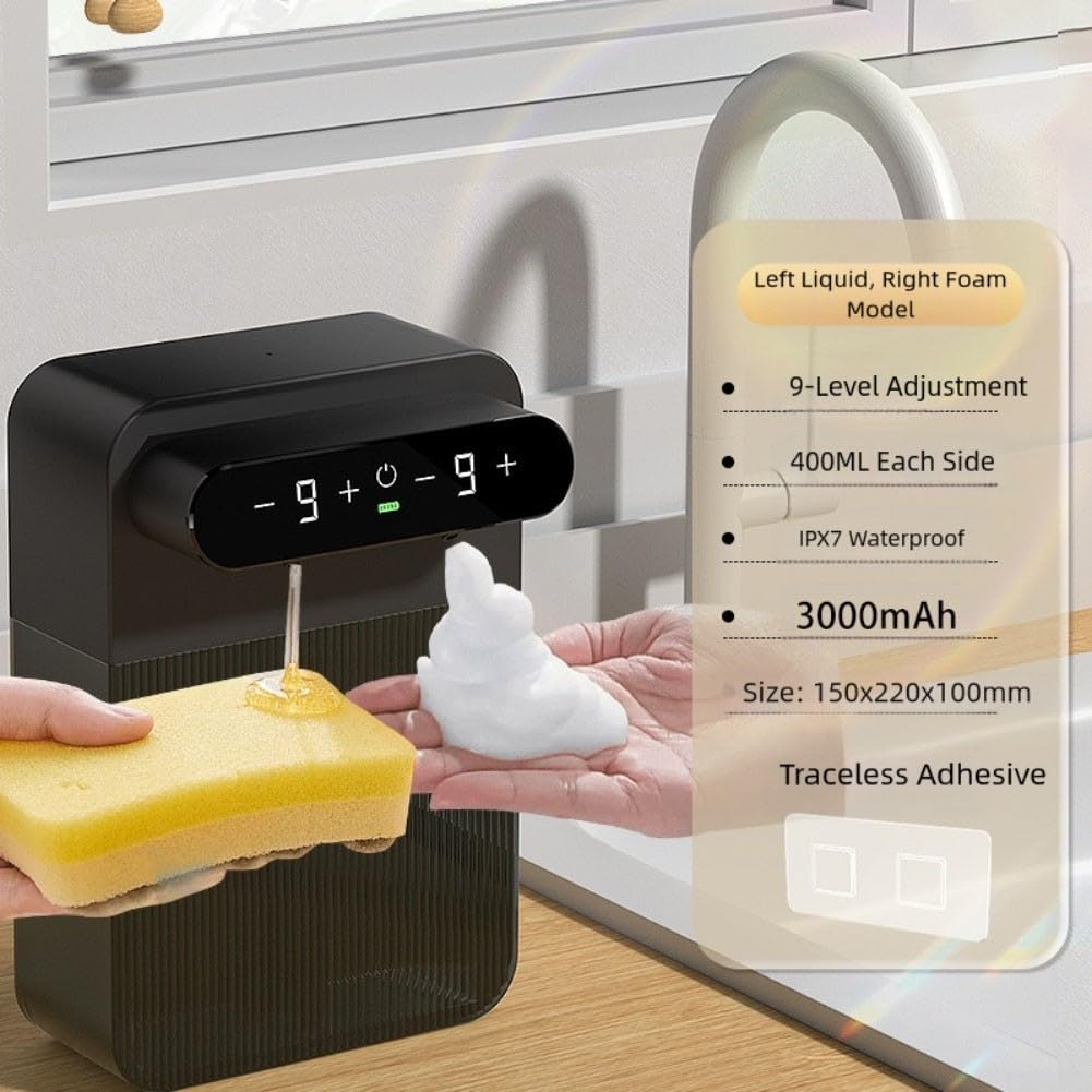 Dispenser automatico di sapone a doppia testa, 400 ml, ricaricabile, senza contatto, da parete, con 9 livelli regolabili, IPX7 impermeabile (A)