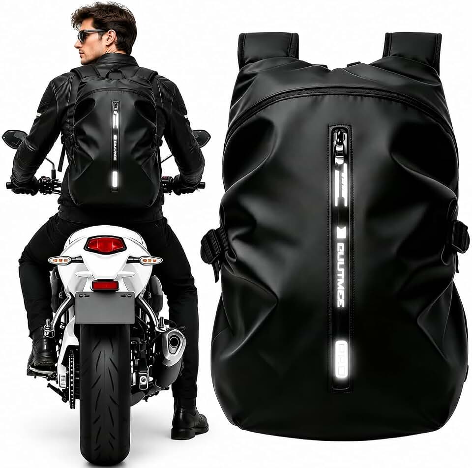 OUUTMEE Mochila de capacete para motociclismo, impermeável, refletiva, para homens, bolsa de armazenamento de grande capacidade, mochila de caminhada e viagem, Preto, Rua