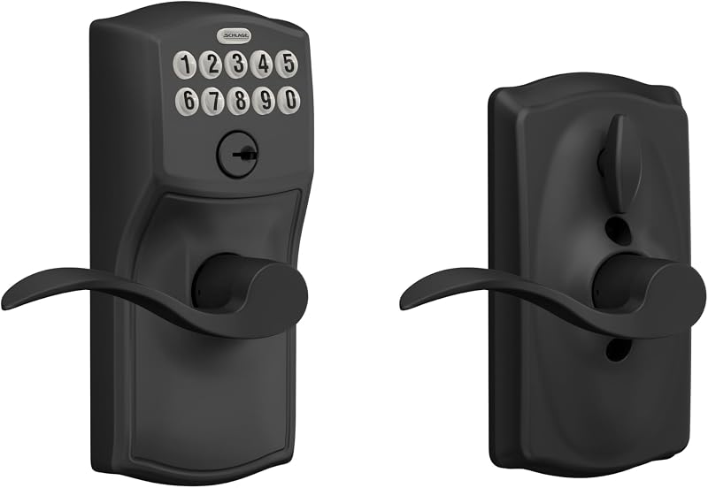 Cerradura electrónica con teclado, manija de palanca, detalles Camelot, negro mate | Cerradura de puerta con teclado y manija, entrada sin llave, teclado con botón, opción de bloqueo automático Flex Lock, seguridad certificada, FE595