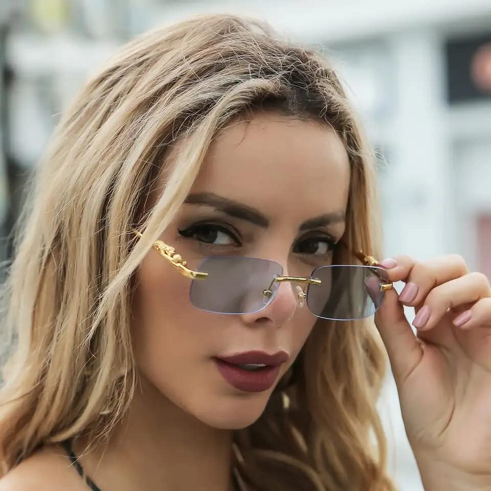 Image of Dervin Leopard Decorated Arms Rimless Rectangle Sunglasses for Men and Women
