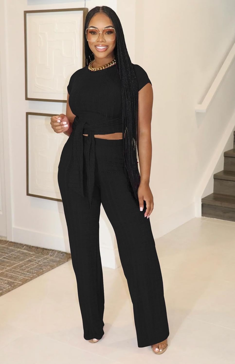 HBQ Women's Summer 2 Piece Outfits Lounge Sets Short Sleeve Belted Crop Tops Wide Leg Pant Sets Casual Tracksuit - Image 2