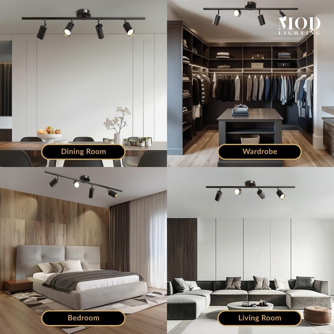 MOD LIGHTING Harris | Modern Track Lights LED, Indoor Ceiling Light Fixture for Living Room, Kitchen Island Ceiling Lighting, Solid Brass Light Fixture (Black | Warm White | 4 Lights)