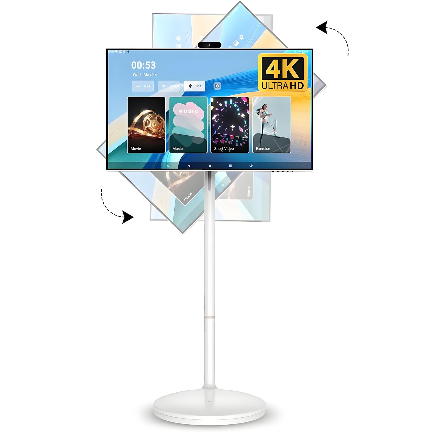 Televisor Inteligente portátil con Ruedas, 21.5"/24"/27"/32", Monitor con Pantalla táctil 4K, Control por Voz, Control Remoto, batería integrada para Sala de Estar, Cocina u Oficina. 24inches