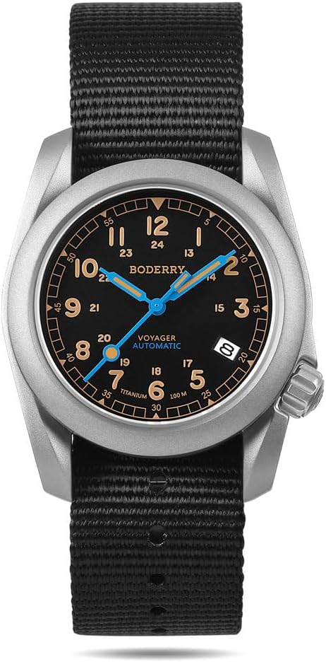 BODERRY Men's Watch Titanium Automatic Field Watch 40mm Military Watch Day Date Function 100M Waterproof with Nylon Strap Japanese Mechanical Movement & Screw Down Crown—Voyager