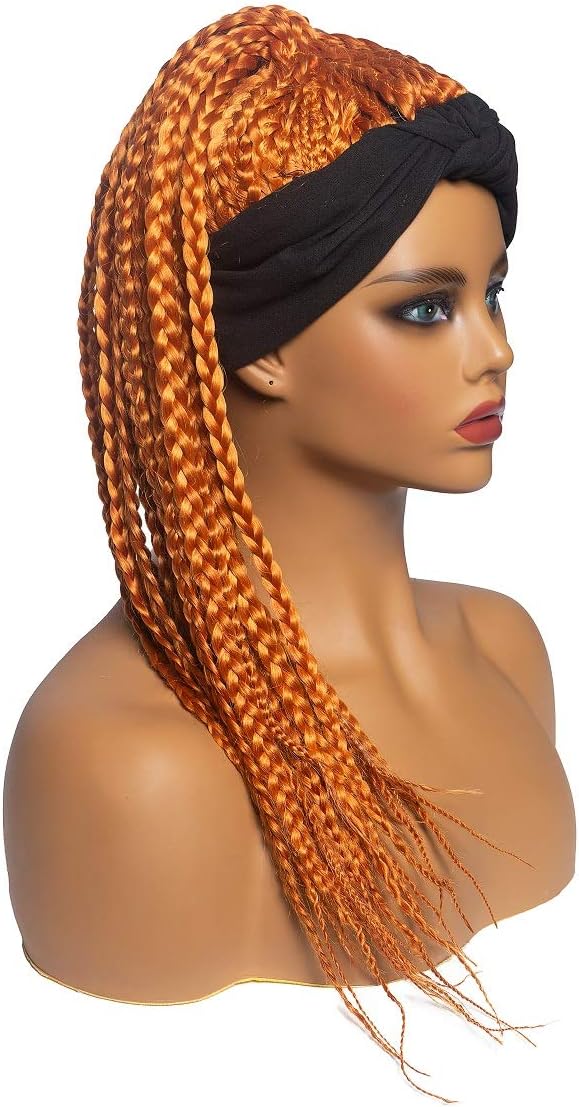 KXW Headband Wig, Braided Wigs for Black Women, Box Braid Wig, Ponytail Wig 2 in 1 Dreadlock Wigs with Turban Headband Attached Headwrap Synthetic (3 Colors)