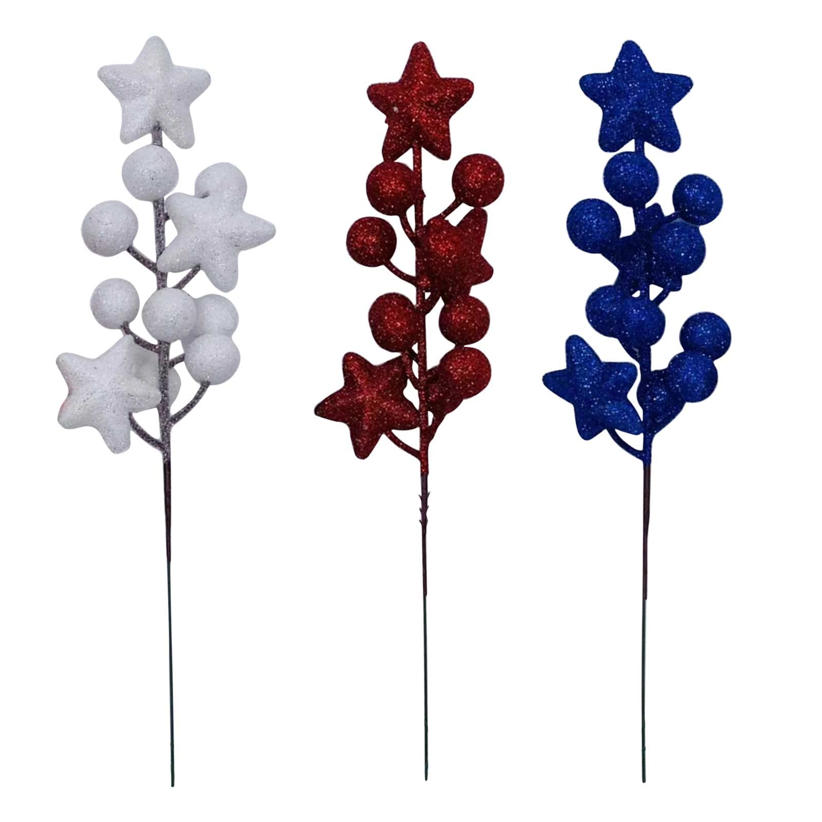 9 PCS 4th of July Artificial Glitter Branch Picks Star Ornaments for Tree, 8.26 Inch Pentagram Pine Flower Branches Flower Arrangement for Independence Day Labor Day Xmas Decor