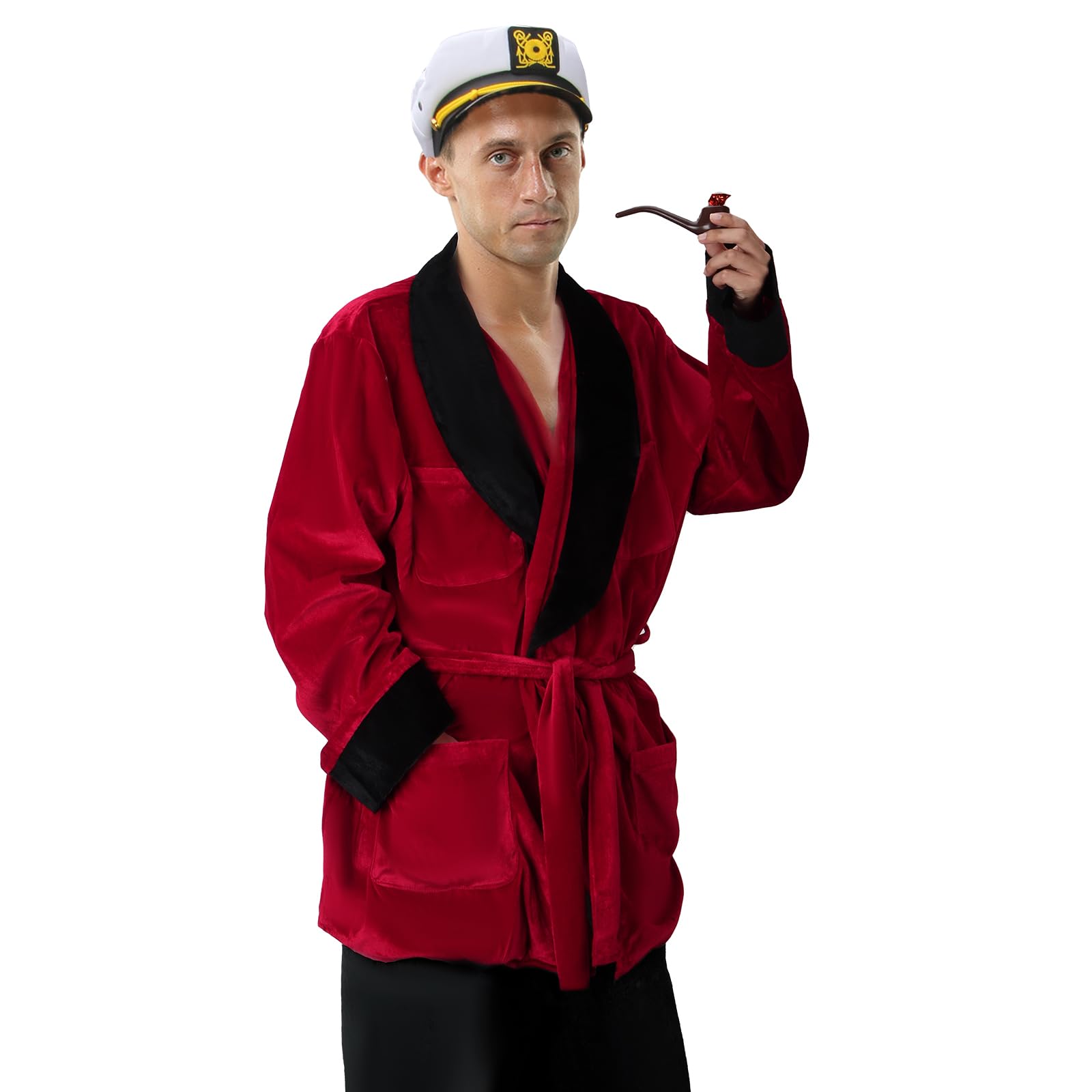 Hefner - Pijama de terciopelo rojo para hombre, con cinturón, sombrero de capitán, accesorios de pipa falsa, disfraz de Halloween