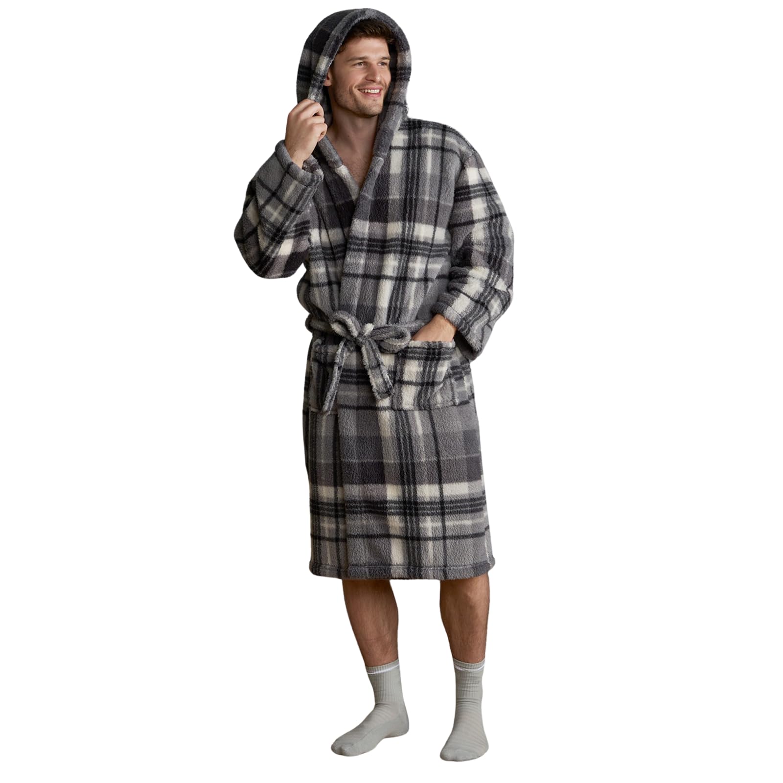 OHS Teddy Dressing Gown - Tartan Check - Plush Soft - Womens Hooded Cosy Loungewear Robe - Charcoal - One Size