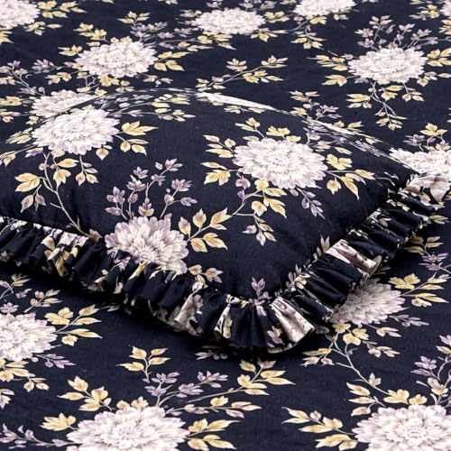 Image of 380 TC Premium Glace Cotton Elastic Fitted Bedsheet King Size with 2 Pillow Covers King Size | Double Bed with All Around Elastic (Black Floral, Fitted Queen-60x78)