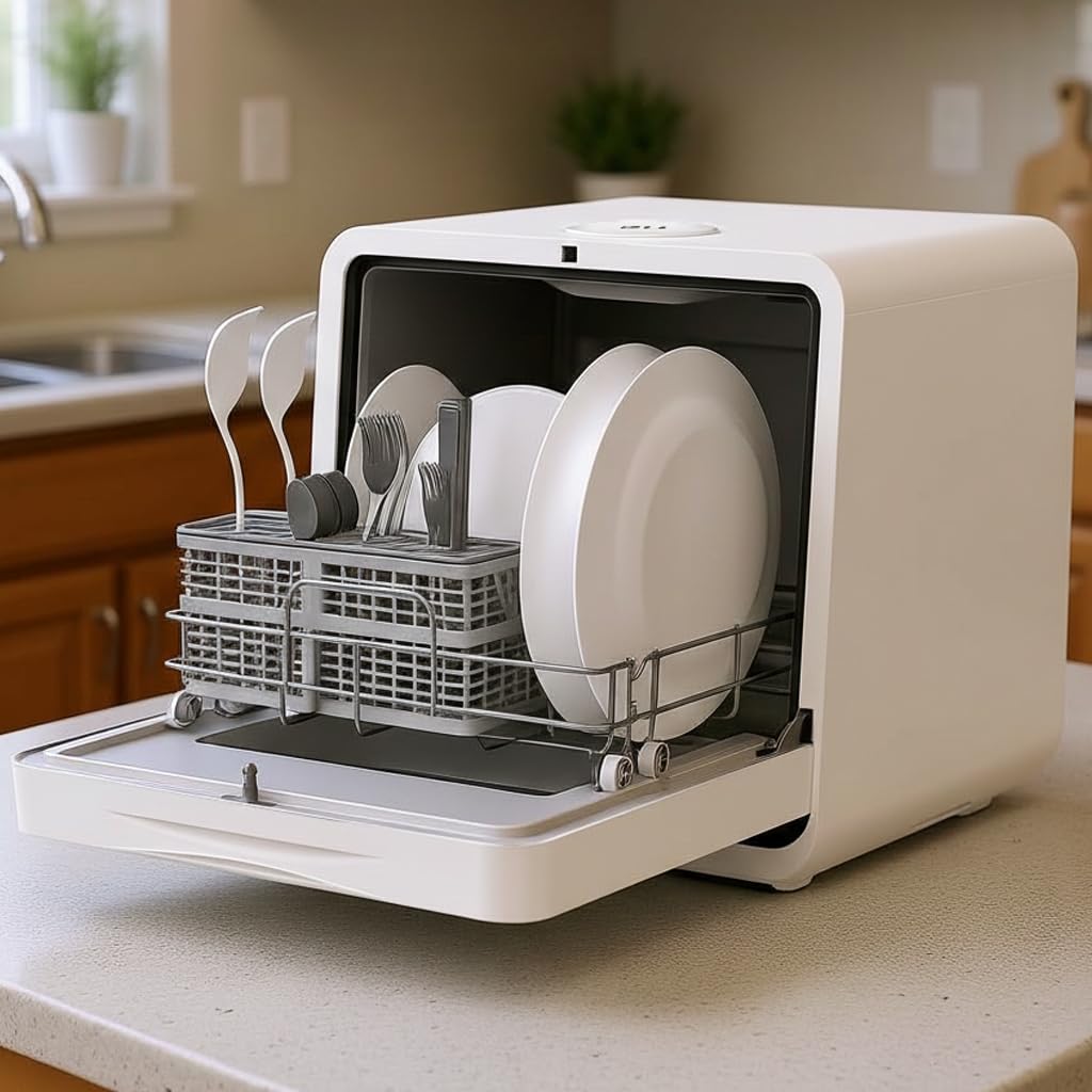 MoraRise Table Top Dishwasher, Mini Countertop Dishwasher with 7 Programs, Built-in 5L Water Tank, Dual Water Supply, 24H Delay, No Plumbing, Baby Care, Drying Cycle, Fruit Wash (Grey) — view 10