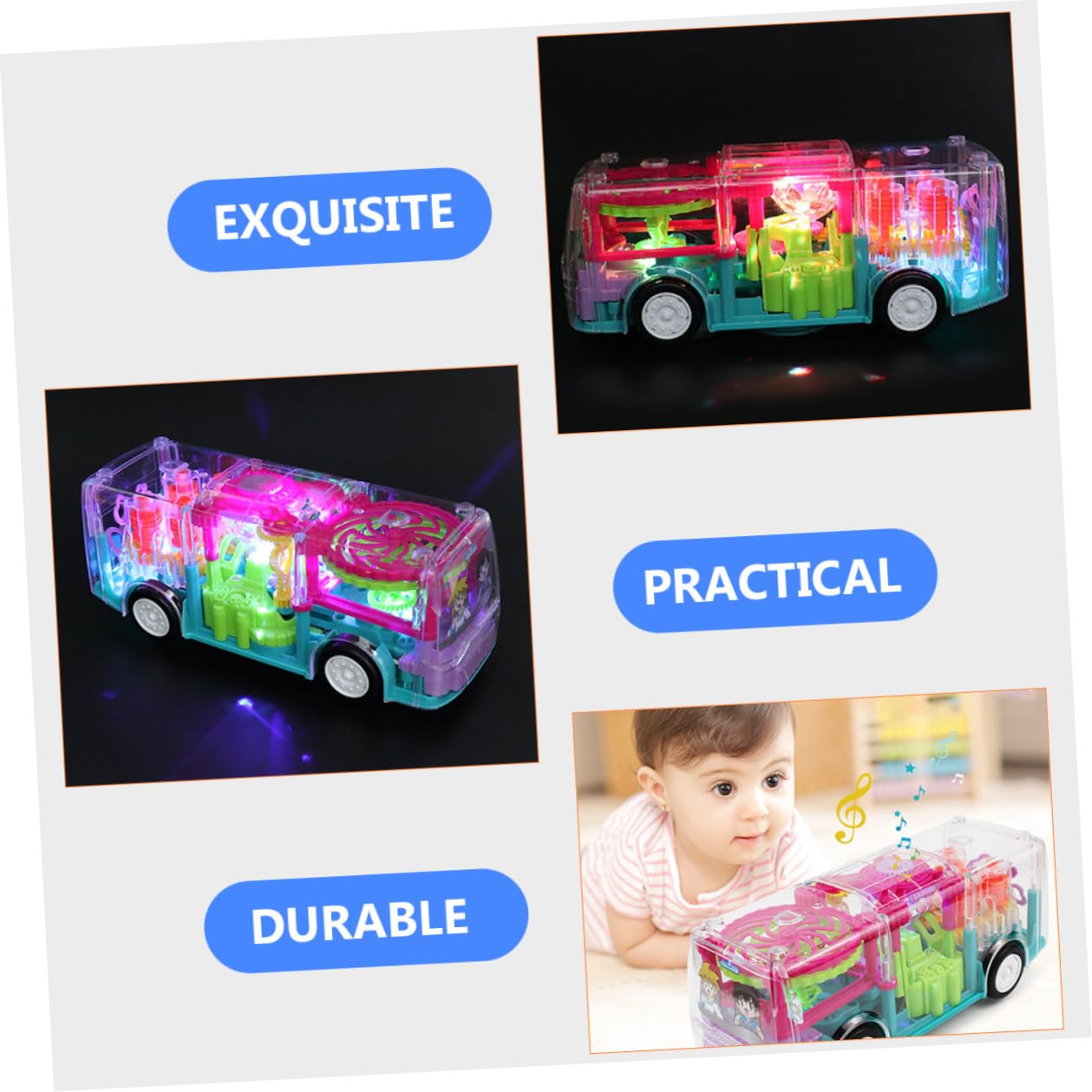Hohopeti Autobús Eléctrico de Juguete Transparente Engranajes, Luces y Música, Modelo Educativo, Vehículo de Juguete Multifunción para Diversión y Aprendizaje