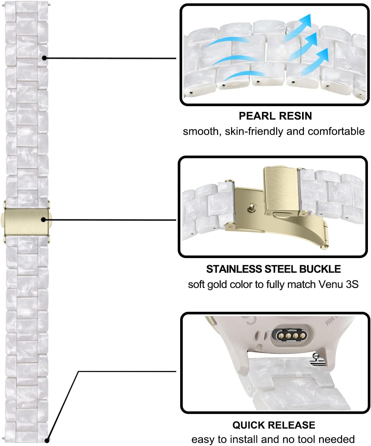 TRUMiRR Women Band for Venu 3S / Venu 4 41mm Smart Watch, 18mm Premium Resin Watchband Stainless Steel Buckle Strap for Garmin Venu 2S / Vivoactive 4S / Vivomove 3S / Forerunner 265S - Image 4