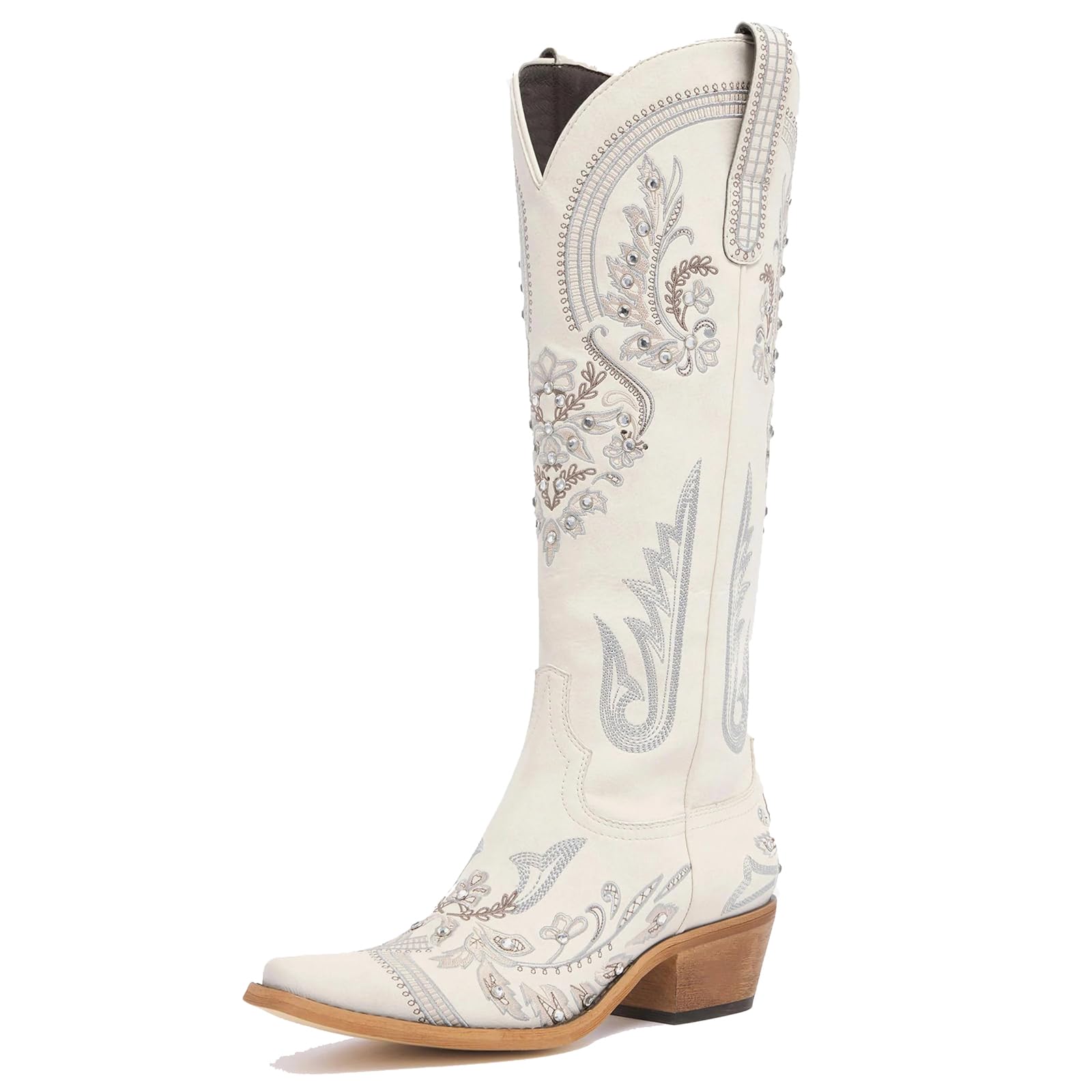 THESHY Womens Rhinestone Embroidered Wide Calf Knee High Western Cowgirl Boots Pointed Toe Chunky Heel Retro Cowboy Boots