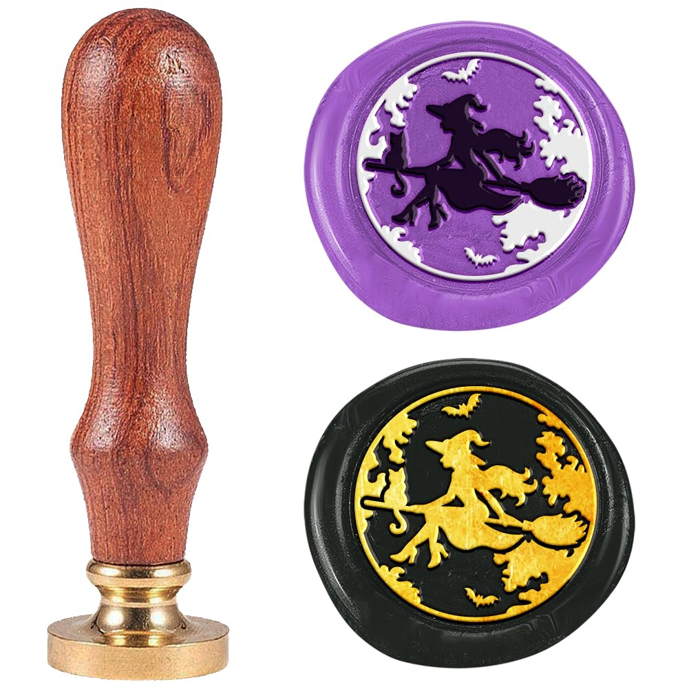 DELORIGIN Halloween Moon Witch Wax Sealing Stamp Vintage Compass Brass Halloween Wax Stamp Kit with Wooden Handle for Party Invitations Wine Packages Envelopes Gift Wrapping Cards Decoration