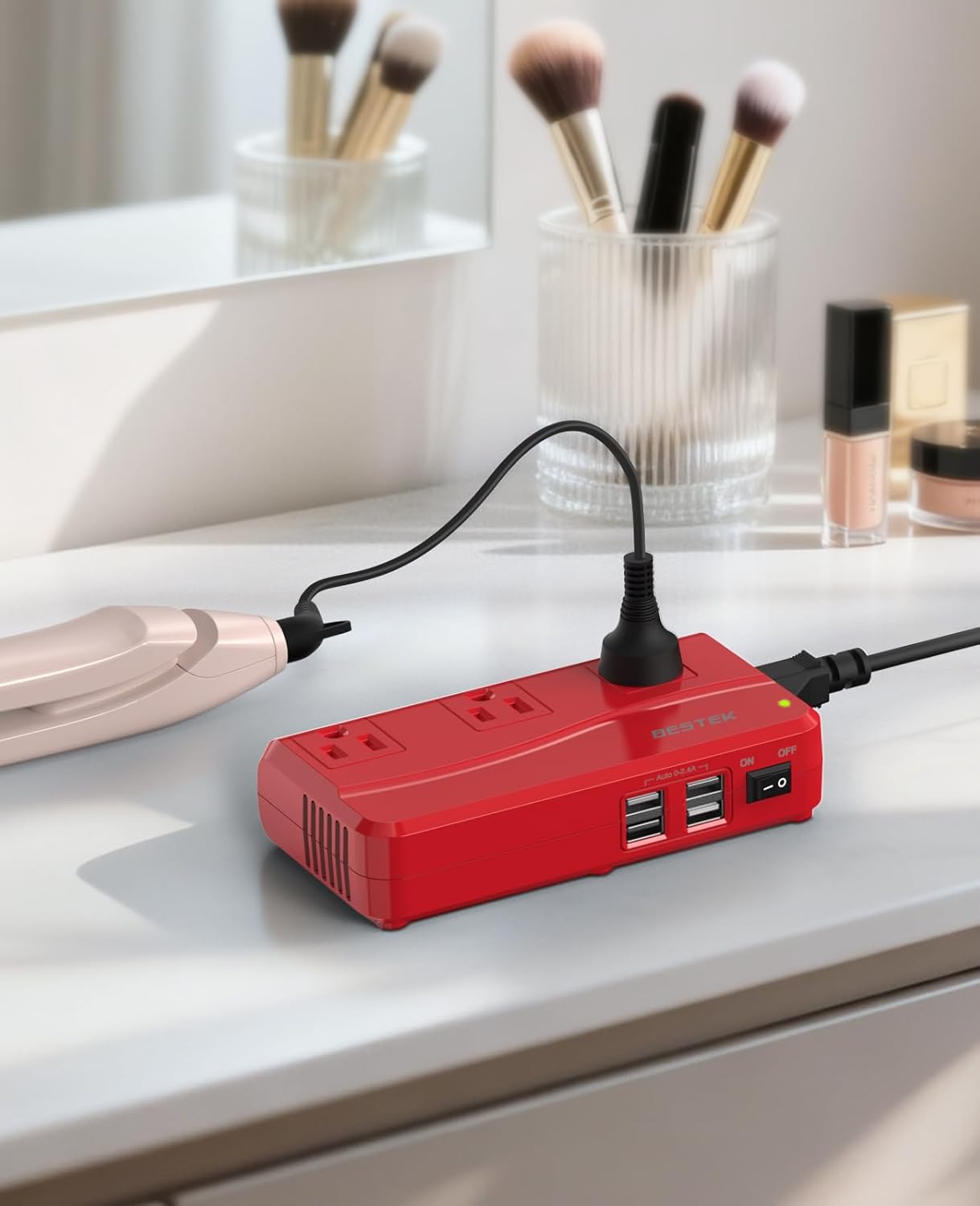 BESTEK Universal Travel Adapter 220V to 110V Voltage Converter with 6A 4-Port USB Charging and UK/AU/US/EU Worldwide Plug Adapter (Red)