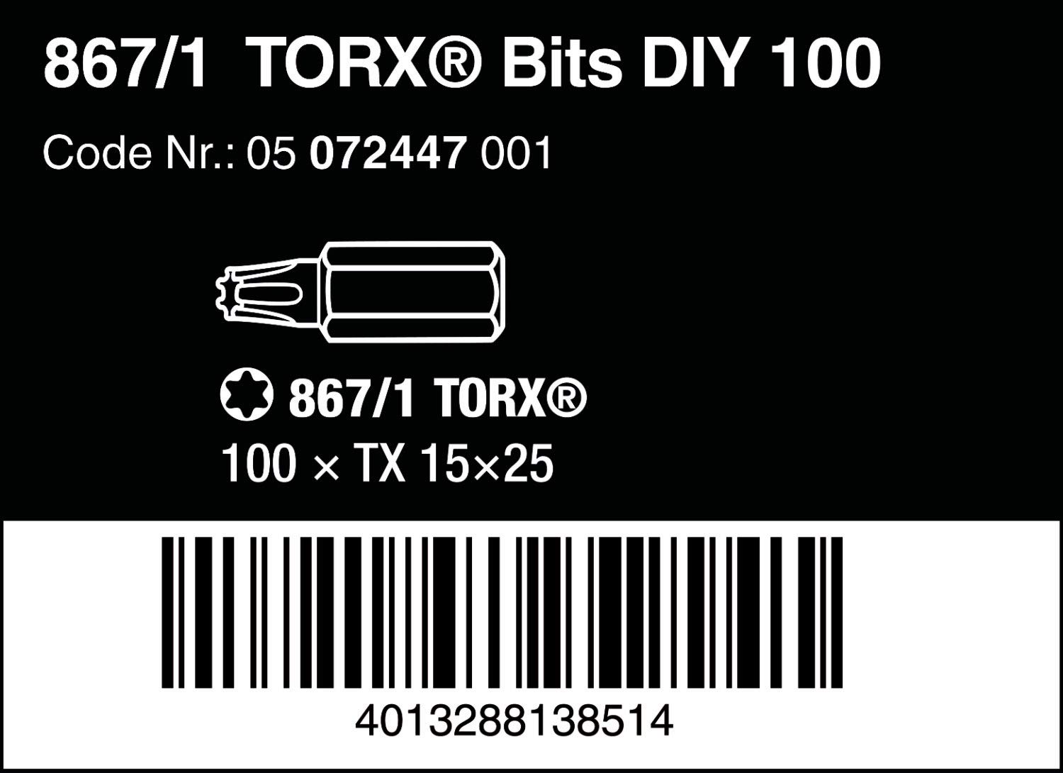 Wera 05072447001 867/1 Puntas TORX® DIY 100, TX 15 x 25 mm, 100 piezas