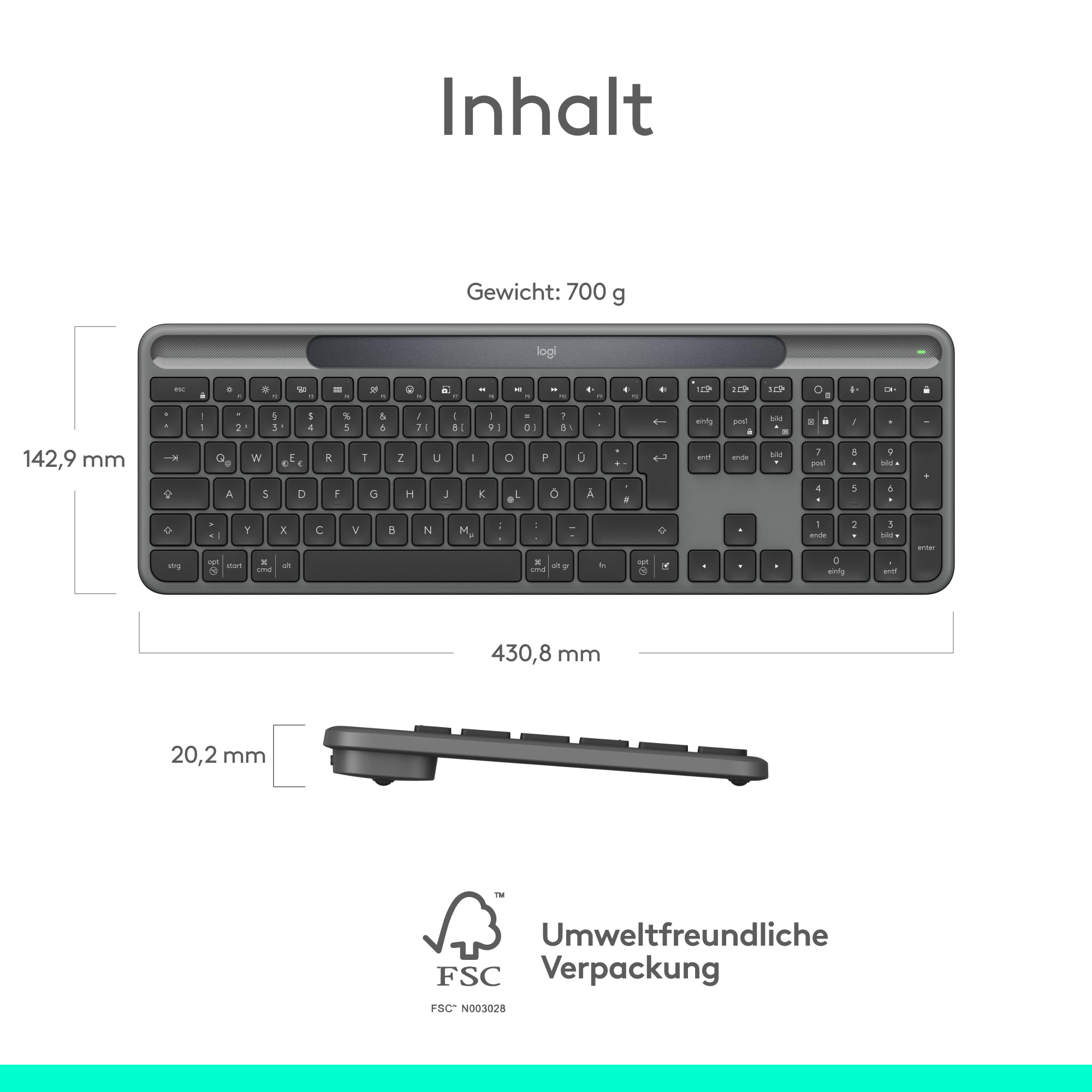 Logitech Signature Slim Solar+ kabellose Tastatur, solarbetrieben, auch mit künstlichem Licht, langlebiger Akku mit bis zu 10 Jahren Haltbarkeit, anpassbare Tasten, Bluetooth, DEU QWERTZ - Graphit