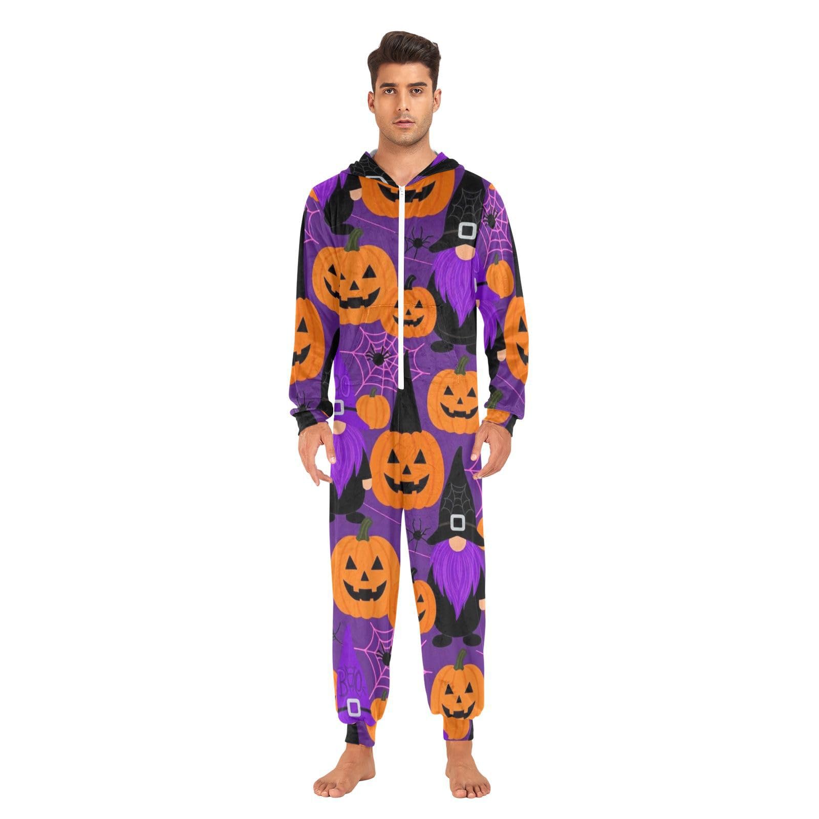 Pigiama intero per adulti, motivo con gnomo viola, streghe, pipistrello, ragnatela, zucca, Halloween
