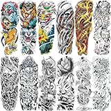 12 Sheets Large Full Arm Temporary Tattoos Adults, Waterproof Realistic Flower Japanese Tiger Samurai Skull Fake Tattoos, Fish Dragon Lotus Tattoo Kits Parties Festivals Cosplay BBQ Pool Beach Party