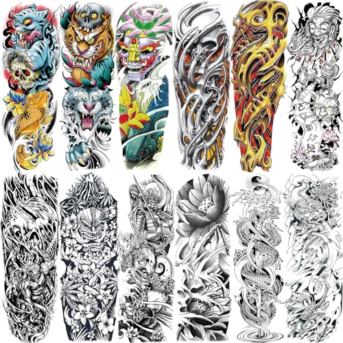 12 Sheets Large Full Arm Temporary Tattoos Adults, Waterproof Realistic