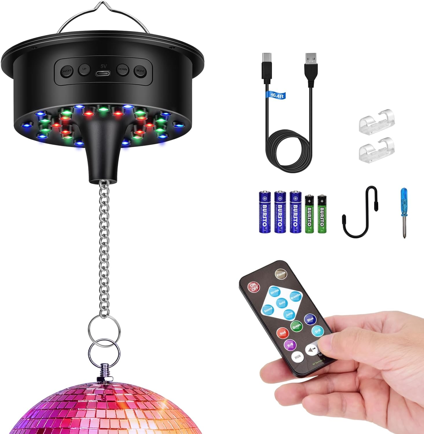 Disco Ball Motor with Remote (Disco Ball Not Included) - 1-8 RPM Speed for 4''-16'' Balls, 30 RGB Sound-Sync LEDs, Dual Power (USB/Batt), Full Accessories - Ideal for Party/Wedding/Christmas Pro 509-M