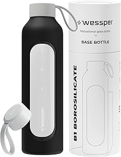 Wessper Trinkflasche Glas 1 Liter, Motivations wasser glasflasche mit Hydrationsskala, borosilikatglas flasche mit Silikonhülle, bpa freie Trinkflaschen - Schwarz