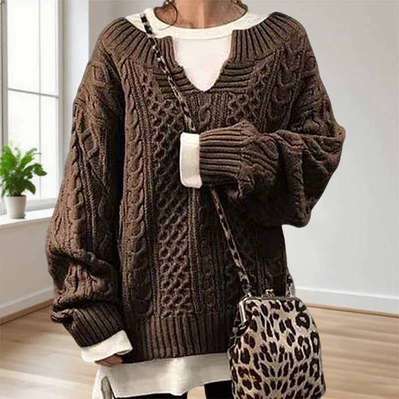 ZOCANIA Knitted Sweaters for Women Cable Knit Chunky V Neck Sweater Womens Long Sleeve Drop Shoulder Pullover Outerwear - Image 2