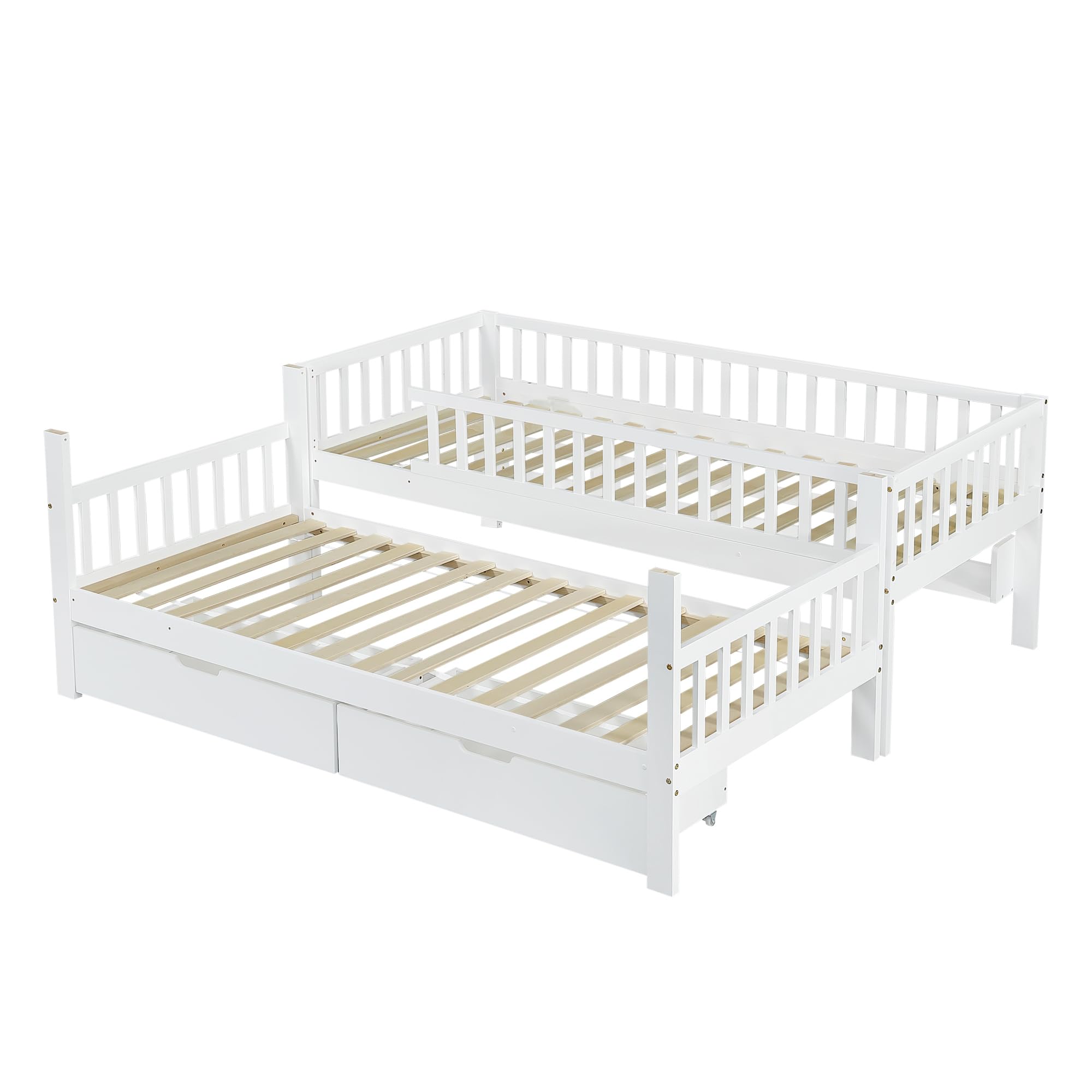 Lettino per bambini a castello 90x200 cm per 2 bambini, letto a soppalco con 2 cassetti e ripiani, struttura in legno con protezione anti-caduta e rete a doghe, 2 letti singoli, telaio in legno